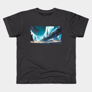 Futuristic illustration of spaceship in blue colours Kids T-Shirt